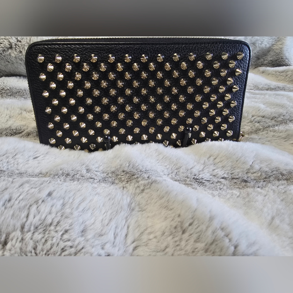 Christian Louboutin Black Studded Zip Wallet with Gold Spikes